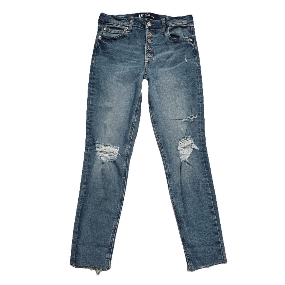 Gap High Rise Legging Jeans 6/28 S Blue Button Distressed Womens Measure 28 x 25
